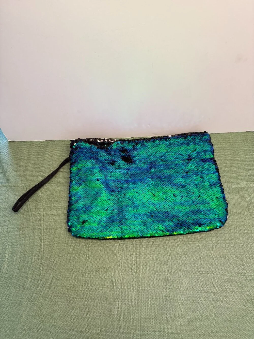 Flip Sequin Make Up Bag. Reversible Sequin Clutch - Mermaid green & blue sequins